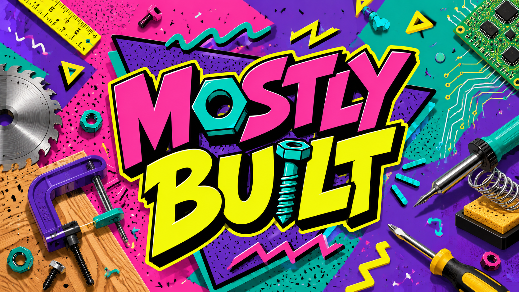 Mostly Built channel banner — tools and neon Memphis shapes