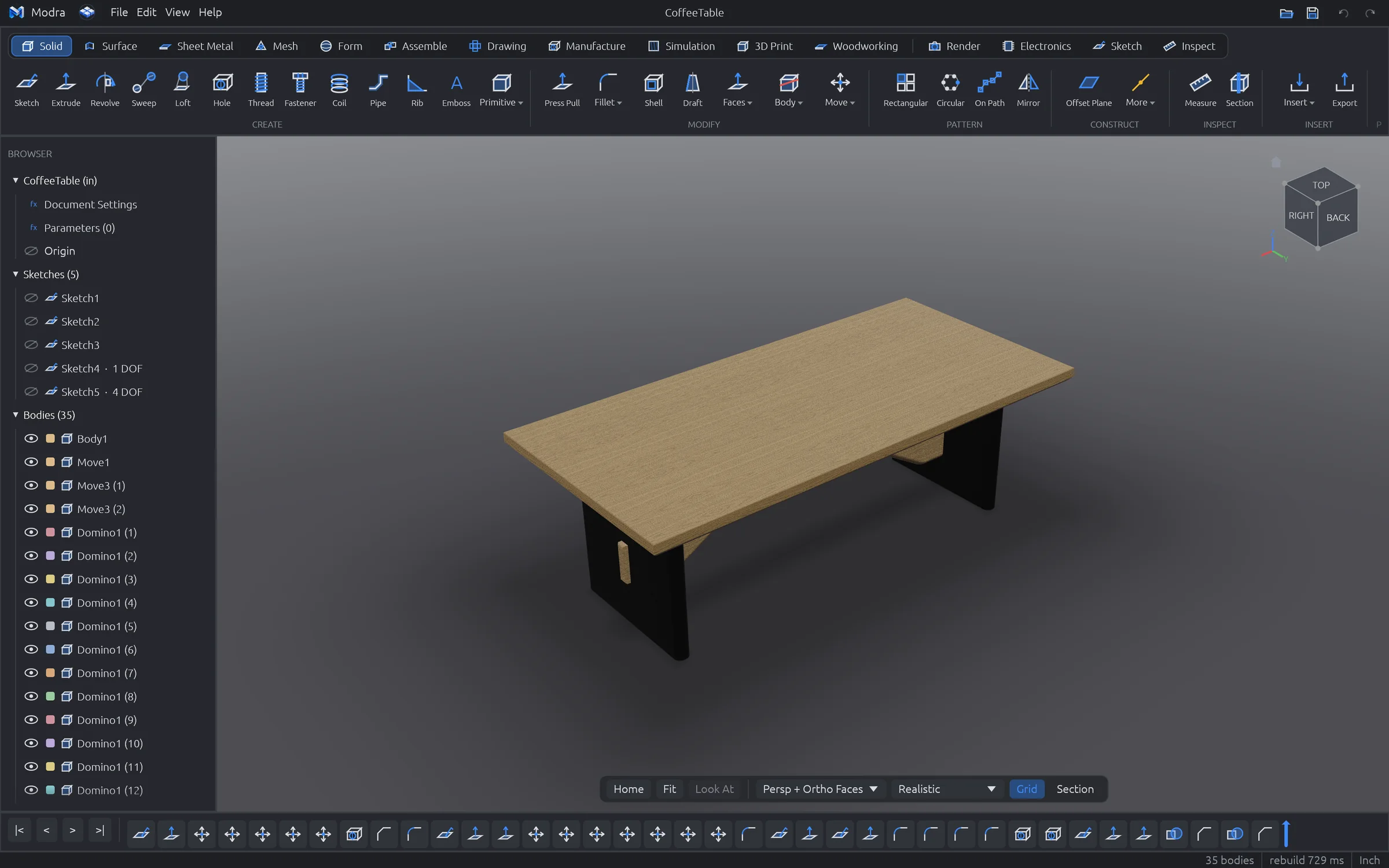 Modra showing a walnut and pine coffee table in the realistic display mode, with the feature timeline and body browser