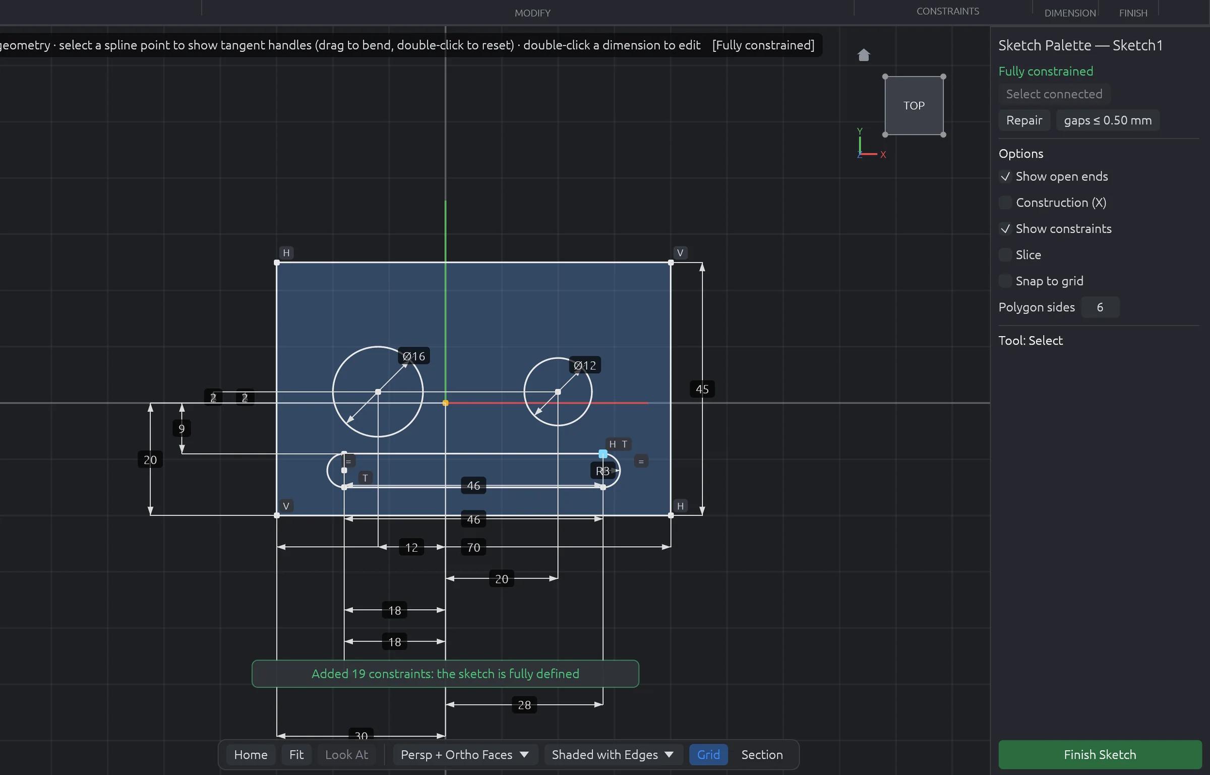 A sketch of a plate with two holes and a slot, fully dimensioned automatically by Fully Define